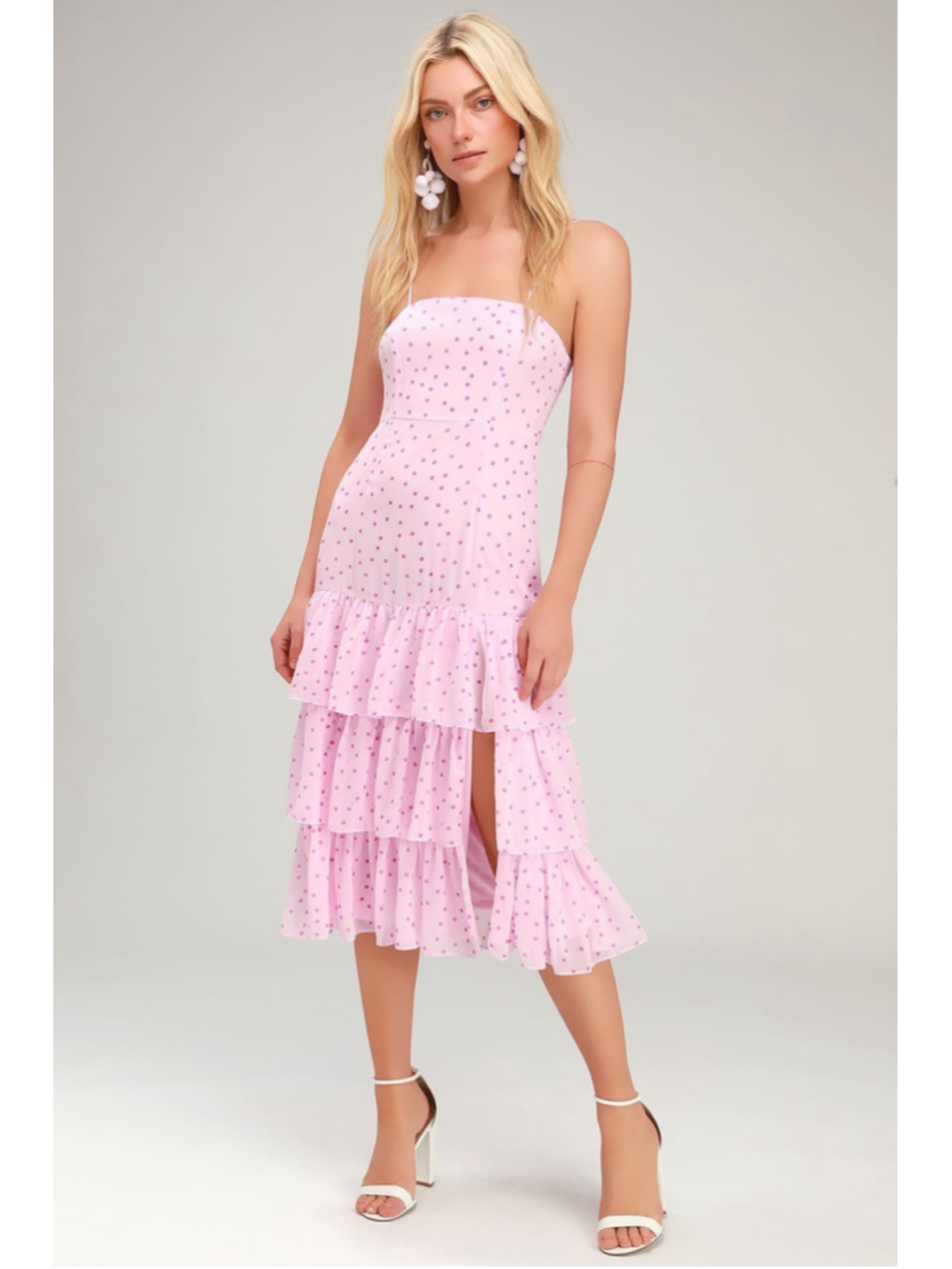 NWT Lulus Nellie Pink Polka Dot Ruffled Midi Dress